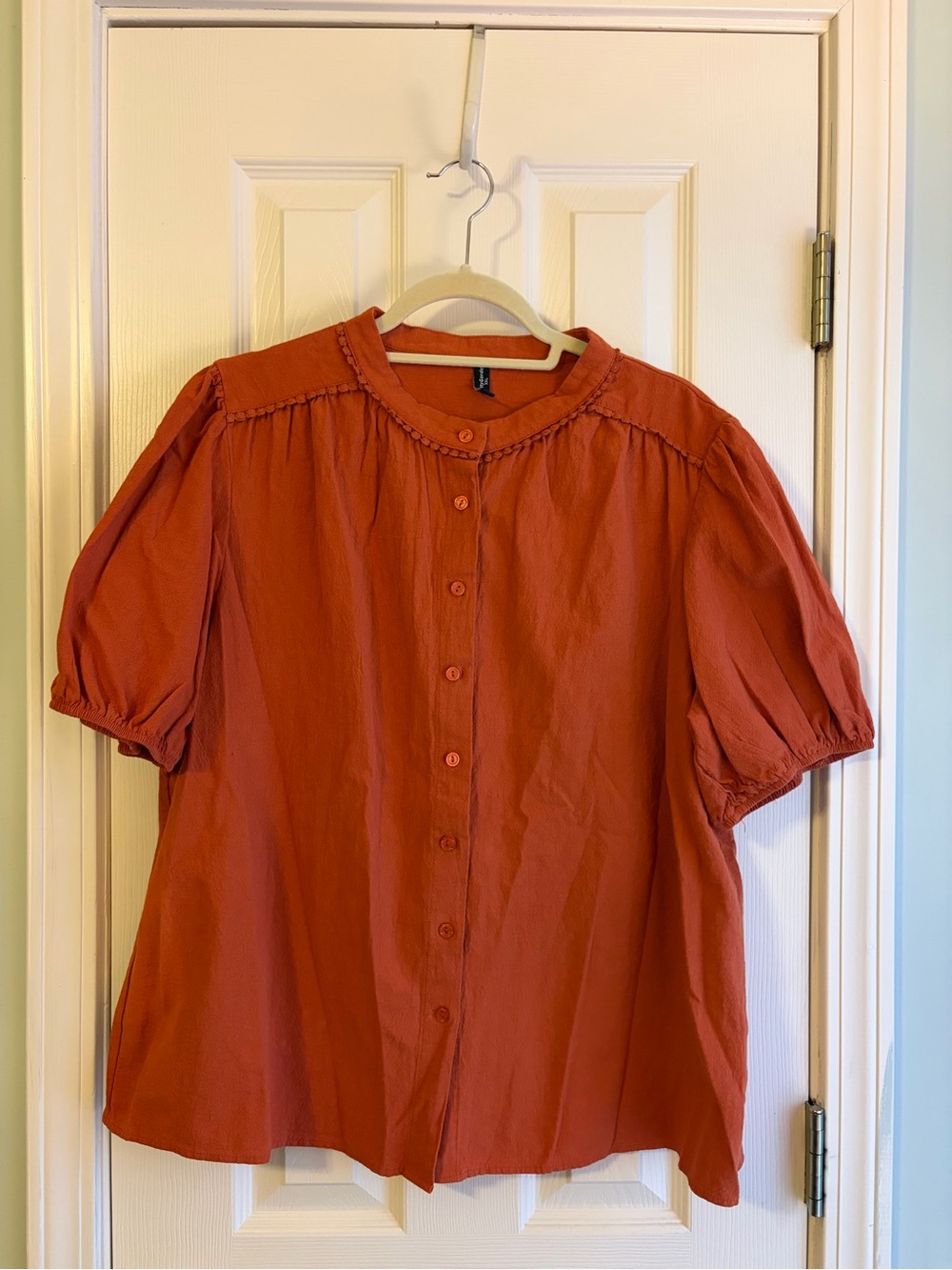 Button-Front Puff Sleeve Blouse in Rust Orange